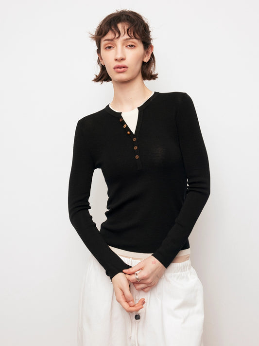 Dpercent | Cotton and wool blend V-neck color-block long-sleeved knitted sweater
