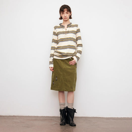 Dpercent | Corduroy skirt with handmade bead embellishments and back slit