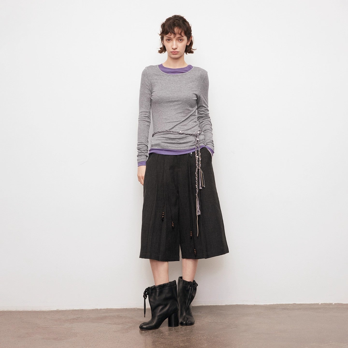 Dpercent | Gray wide-leg cropped trousers (three-quarter length)