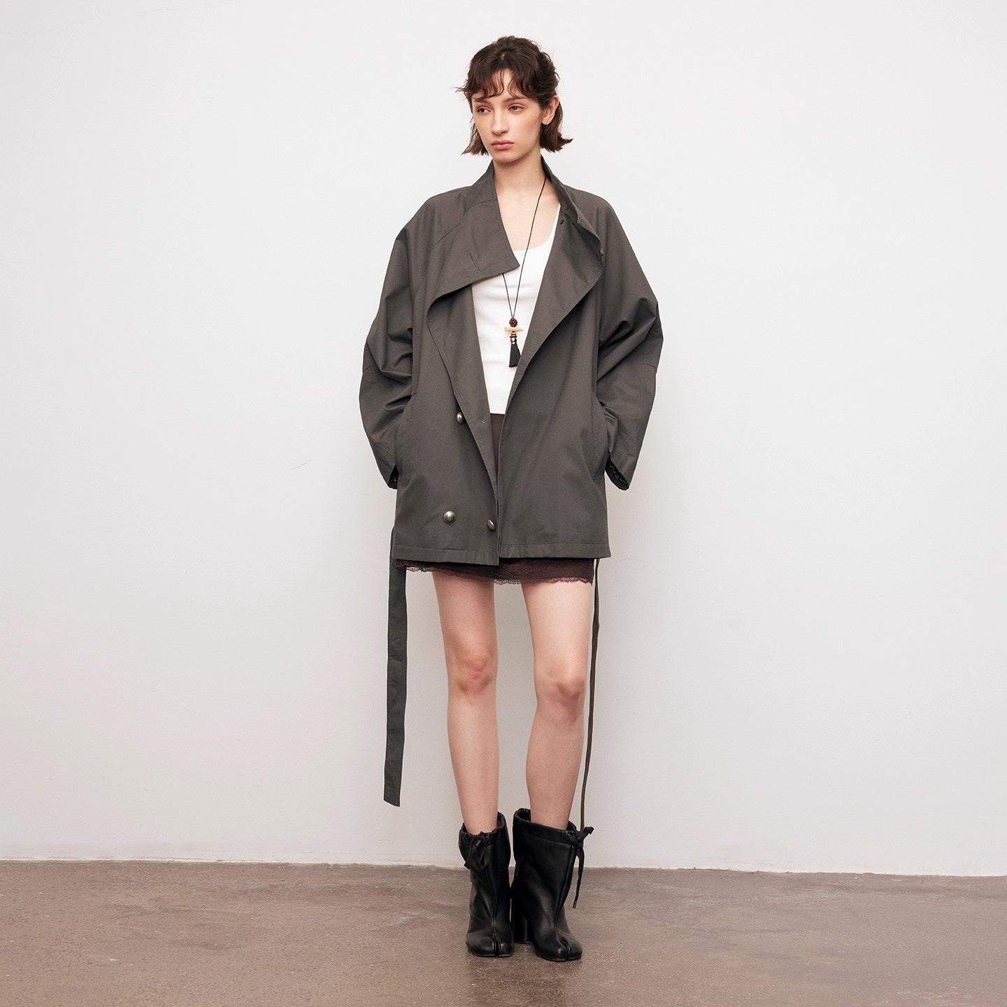 Dpercent | Stand-collar long/short trench coat
