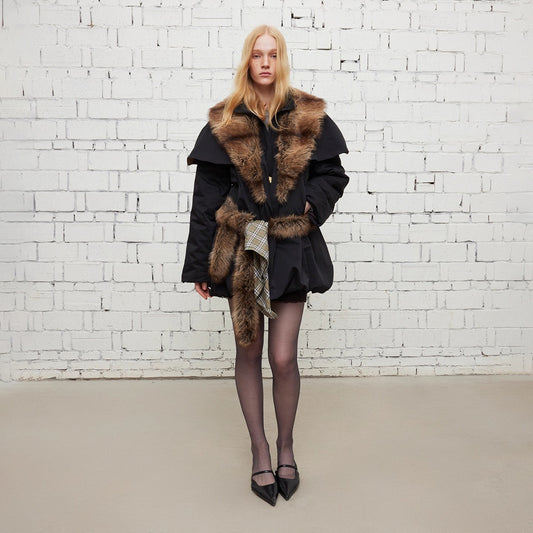 Dpercent | Mid-length padded jacket with detachable fur collar