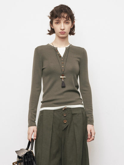 Dpercent | Cotton and wool blend V-neck color-block long-sleeved knitted sweater
