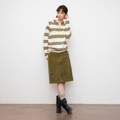 Dpercent | Corduroy skirt with handmade bead embellishments and back slit