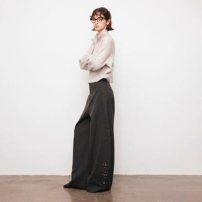 Dpercent | Cotton and wool blend V-neck color-block long-sleeved knitted sweater