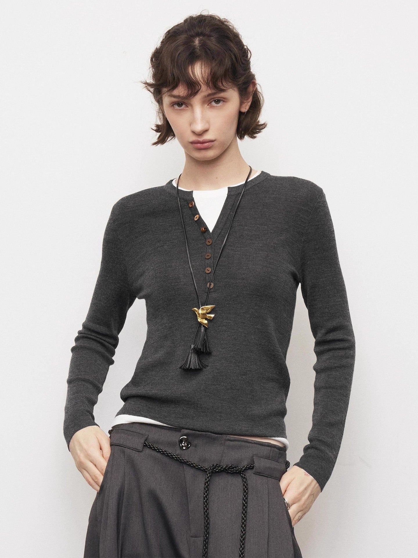 Dpercent | Cotton and wool blend V-neck color-block long-sleeved knitted sweater