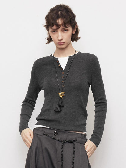 Dpercent | Cotton and wool blend V-neck color-block long-sleeved knitted sweater