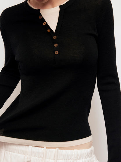 Dpercent | Cotton and wool blend V-neck color-block long-sleeved knitted sweater