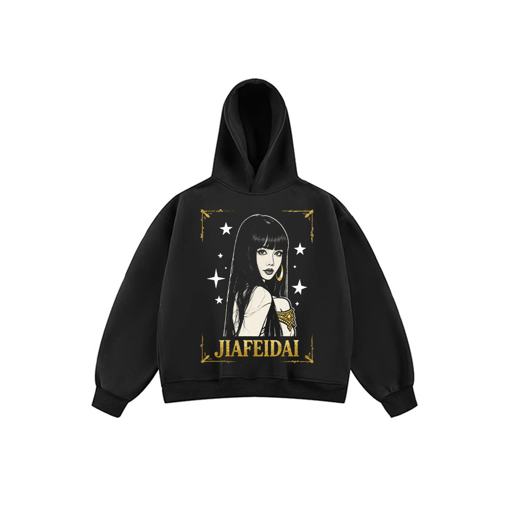 JIAFEIDAI-'Golden Frame' Black and Gold Bordered Star Print Hoodie