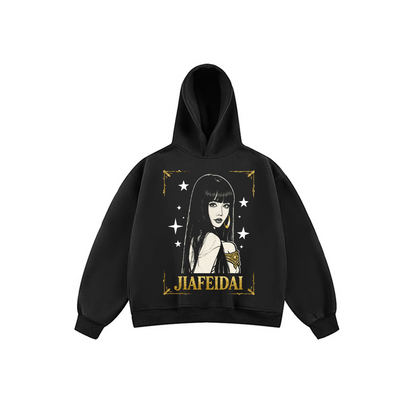 JIAFEIDAI-'Golden Frame' Black and Gold Bordered Star Print Hoodie