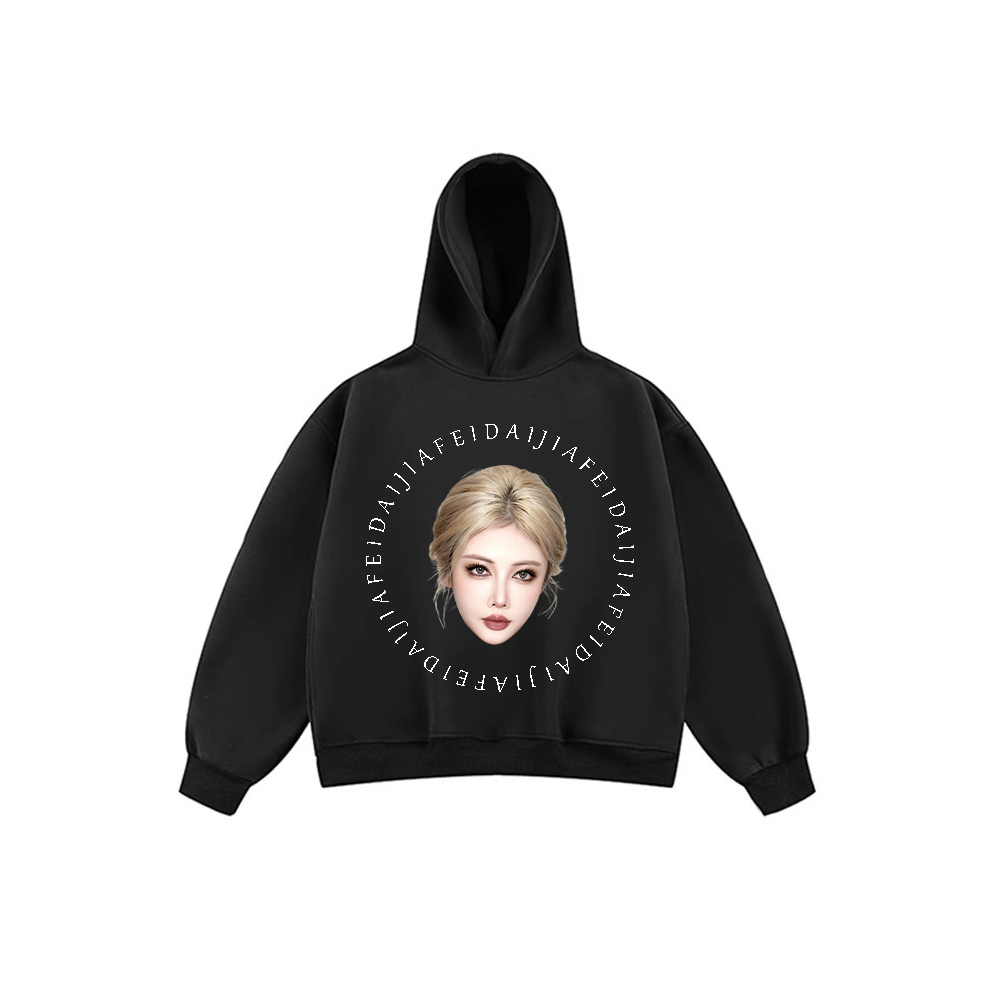 JIAFEIDAI-'Circle Letter' Hoodie with Print of a Blonde Girl's Head and Circular Letters