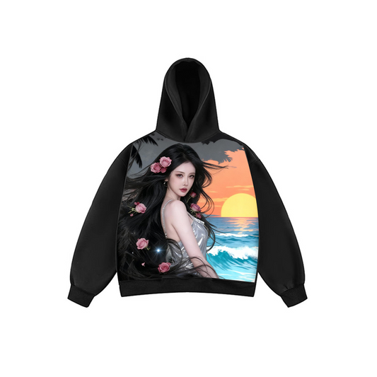 JIAFEIDAI-'Black Hair' Striped Girlish Chain Letter Print Hooded Sweatshirt