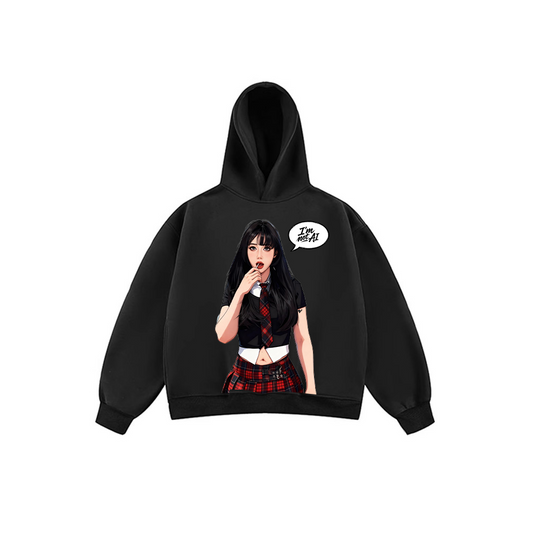 JIAFEIDAI-'I'M NOT AI' Anime Girl Plaid Print Hooded Sweatshirt