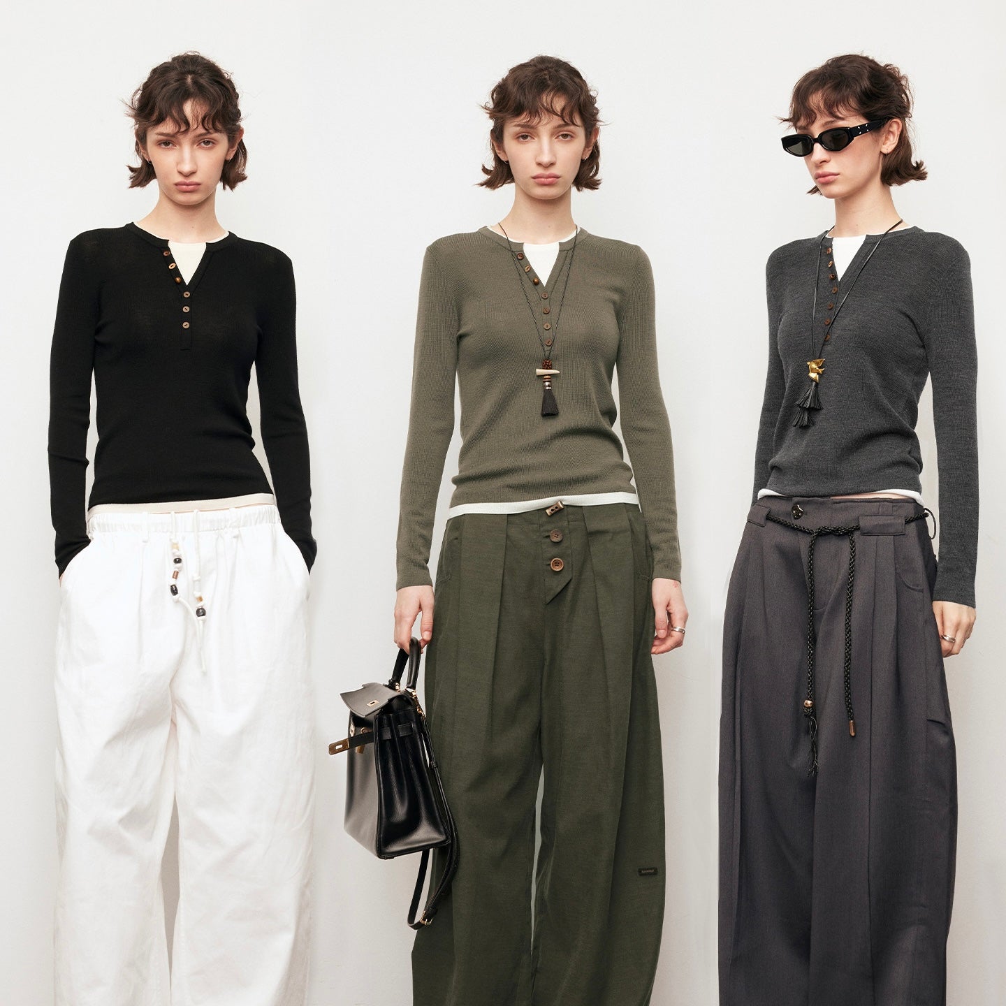 Dpercent | Cotton and wool blend V-neck color-block long-sleeved knitted sweater