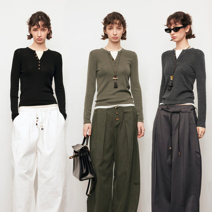 Dpercent | Cotton and wool blend V-neck color-block long-sleeved knitted sweater