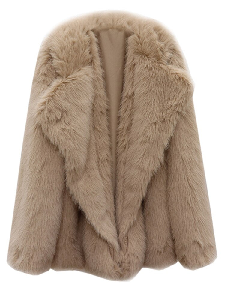 Featured image for 'Women's Faux Fur Coat Mid-Length Loose-Fit Winter Jacket with Lapel Collar'