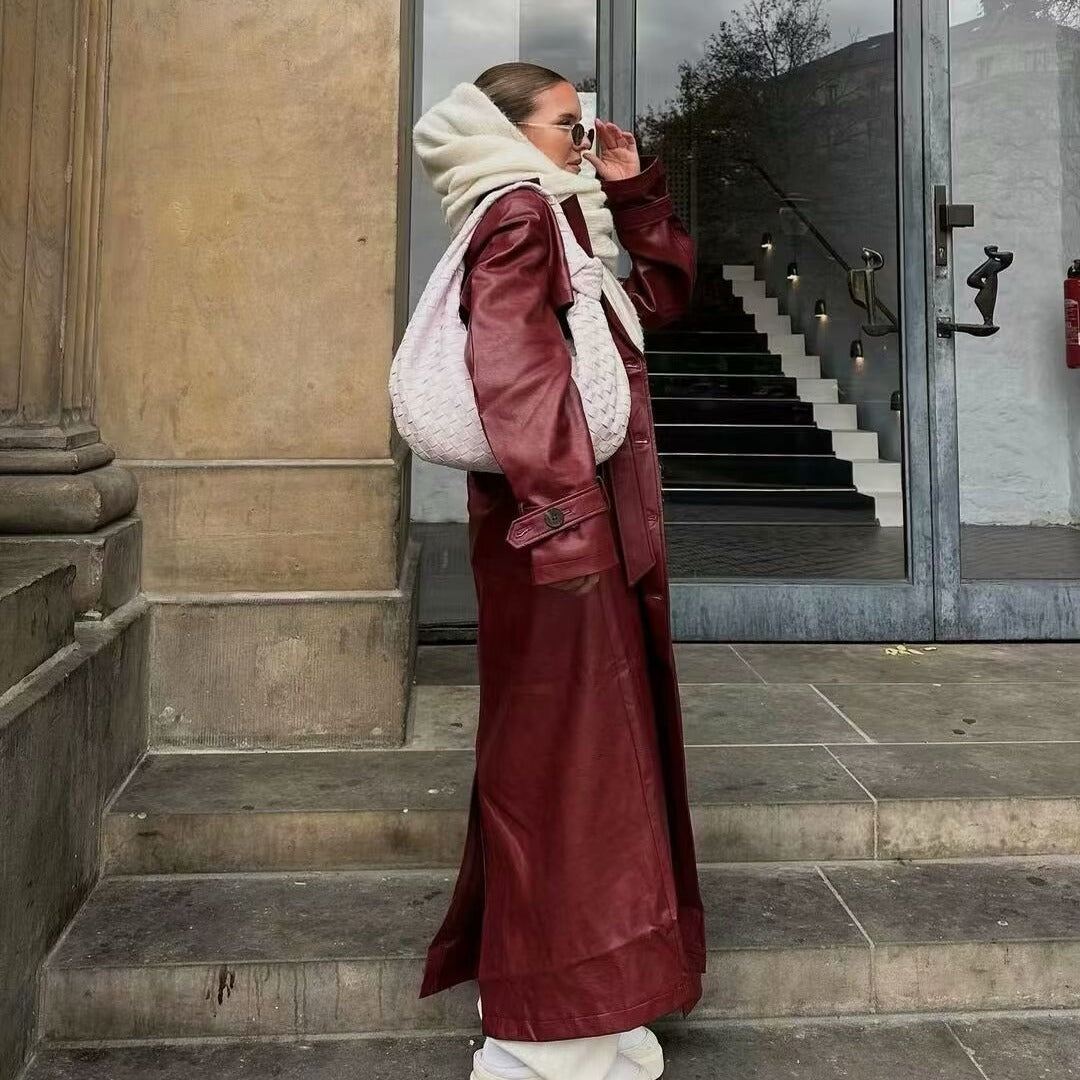 Featured image for 'Women's Plus Size Long Leather Trench Coat Elegant and Casual PU Windbreaker Jacket'