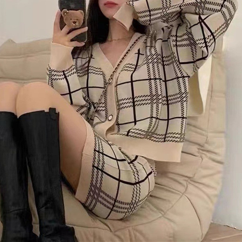 Featured image for 'Women's Checkered Knitted Two-Piece Set Chic Long-Sleeve Sweater & Short Skirt Outfit'