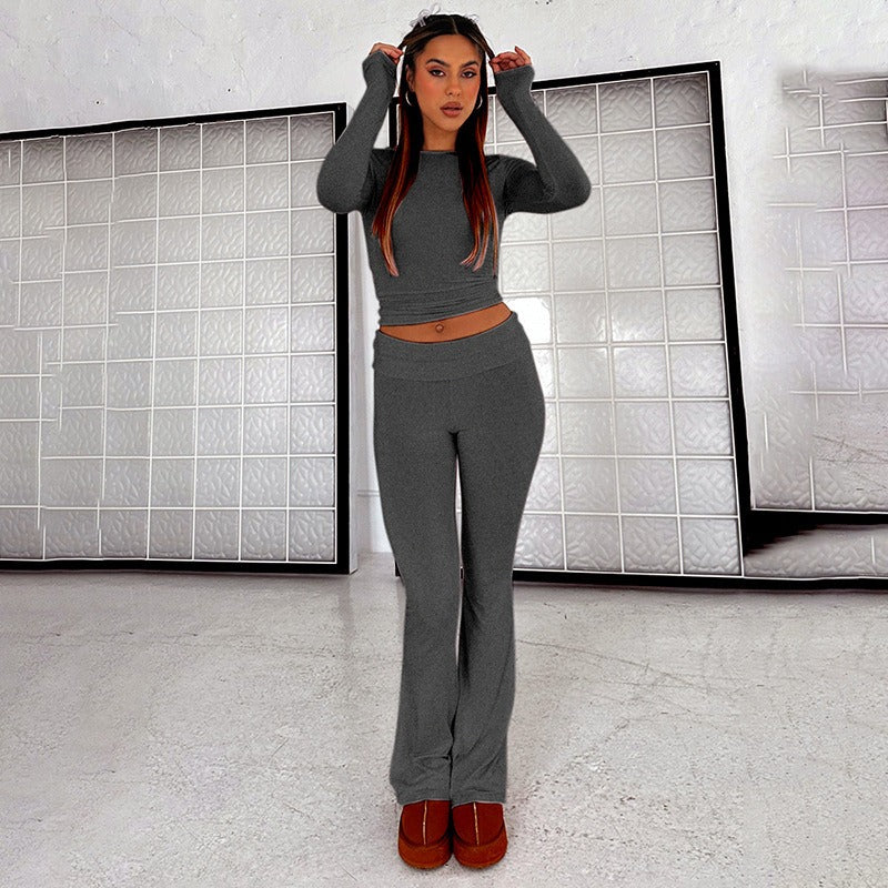 Featured image for 'Women's Solid Color Flare Pants Set Stylish Low-Waist Slimming Outfit for a Trendy Look'