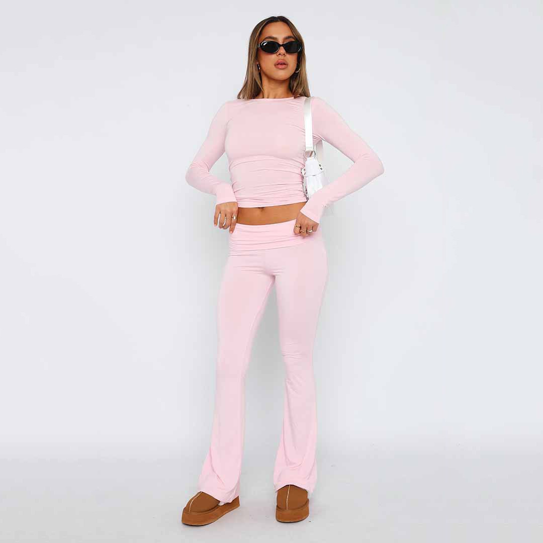 Featured image for 'Women's Solid Color Flare Pants Set Stylish Low-Waist Slimming Outfit for a Trendy Look'