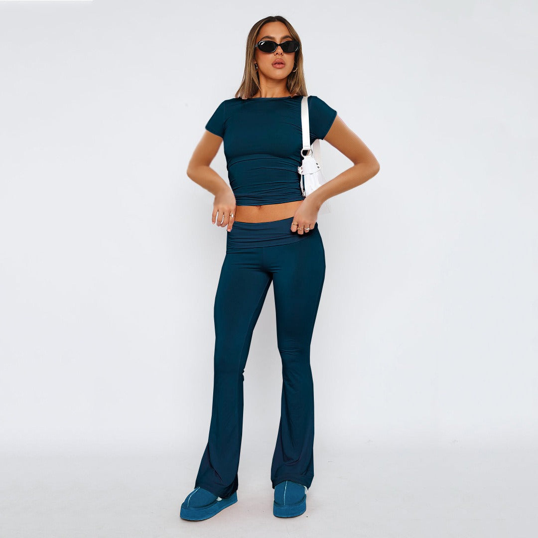 Featured image for 'Women's Solid Color Flare Pants Set Stylish Low-Waist Slimming Outfit for a Trendy Look'