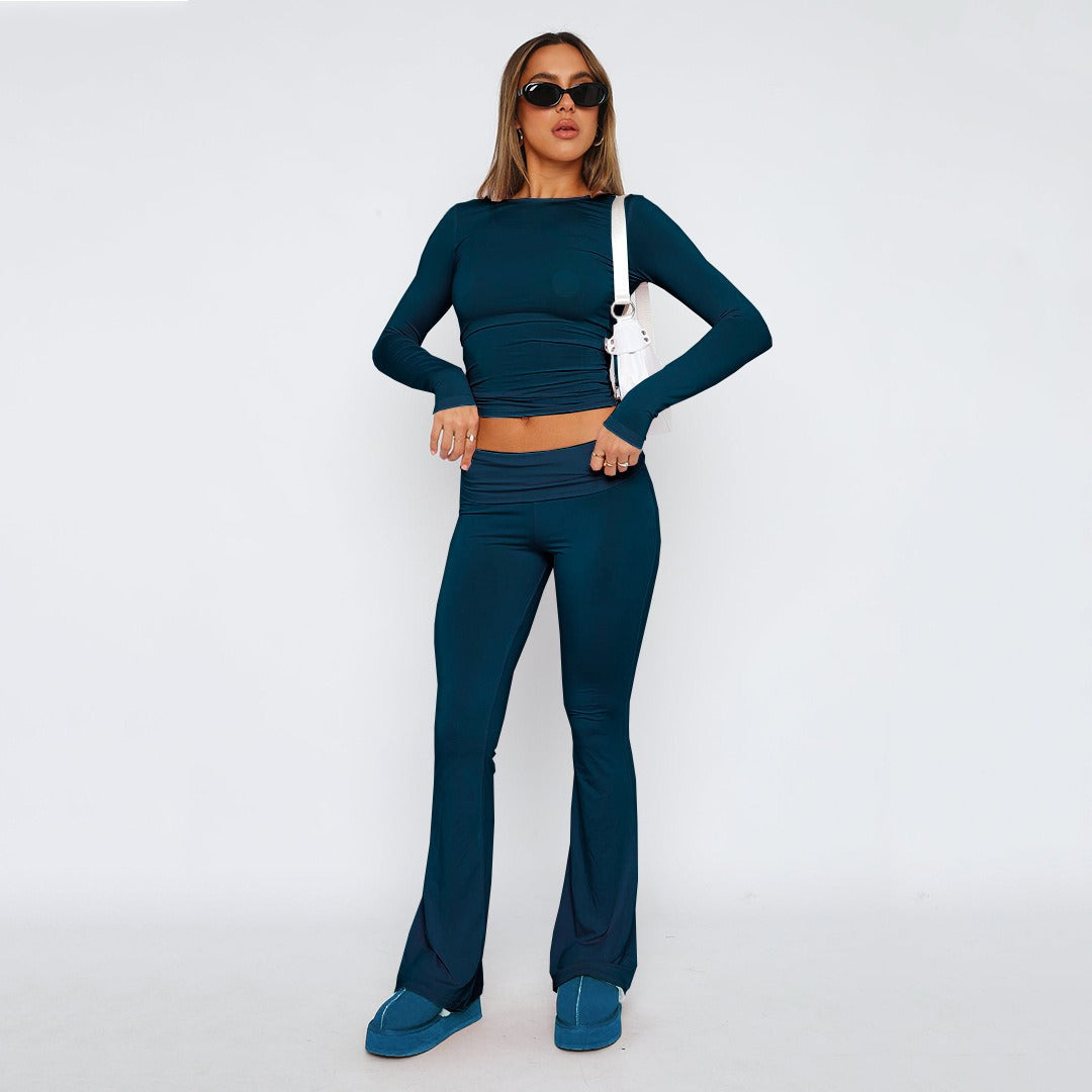 Featured image for 'Women's Solid Color Flare Pants Set Stylish Low-Waist Slimming Outfit for a Trendy Look'