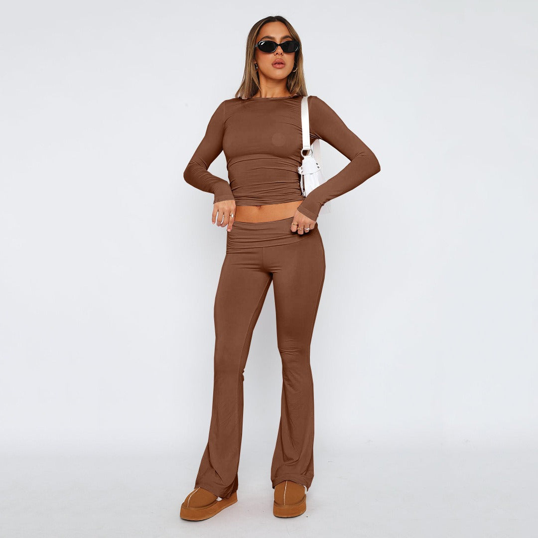 Featured image for 'Women's Solid Color Flare Pants Set Stylish Low-Waist Slimming Outfit for a Trendy Look'