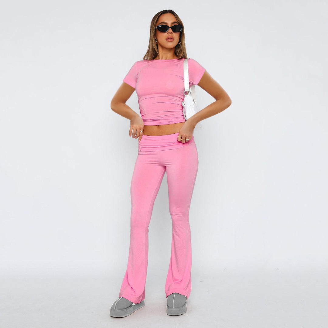Featured image for 'Women's Solid Color Flare Pants Set Stylish Low-Waist Slimming Outfit for a Trendy Look'