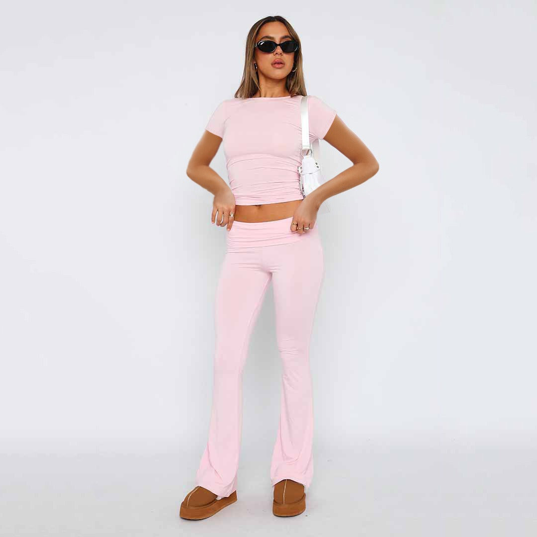 Featured image for 'Women's Solid Color Flare Pants Set Stylish Low-Waist Slimming Outfit for a Trendy Look'