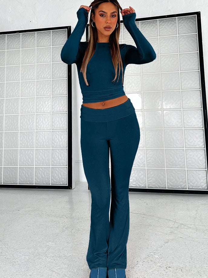 Featured image for 'Women's Solid Color Flare Pants Set Stylish Low-Waist Slimming Outfit for a Trendy Look'