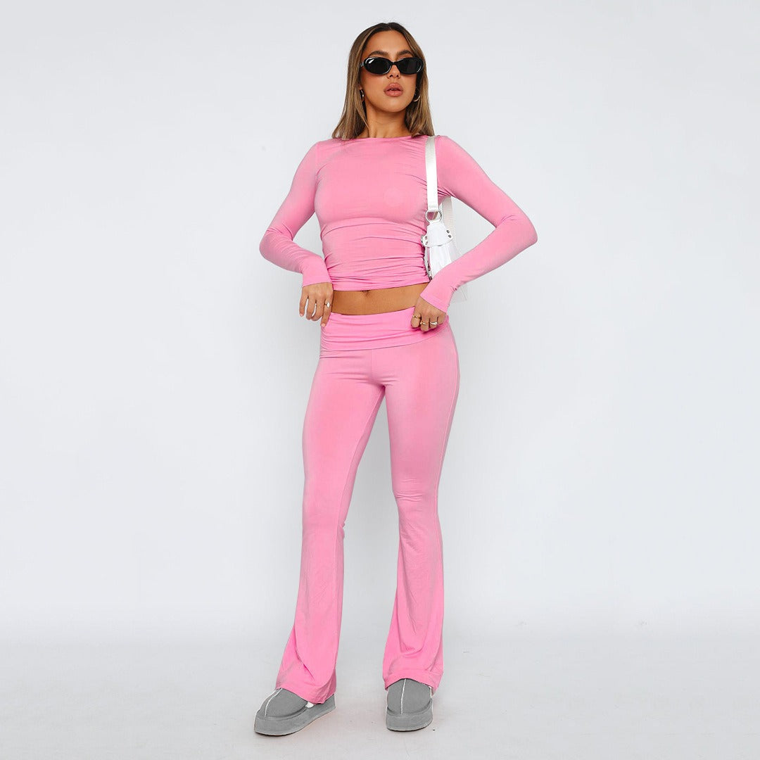 Featured image for 'Women's Solid Color Flare Pants Set Stylish Low-Waist Slimming Outfit for a Trendy Look'