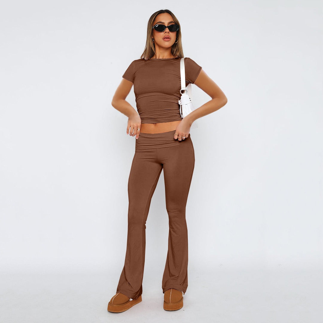 Featured image for 'Women's Solid Color Flare Pants Set Stylish Low-Waist Slimming Outfit for a Trendy Look'