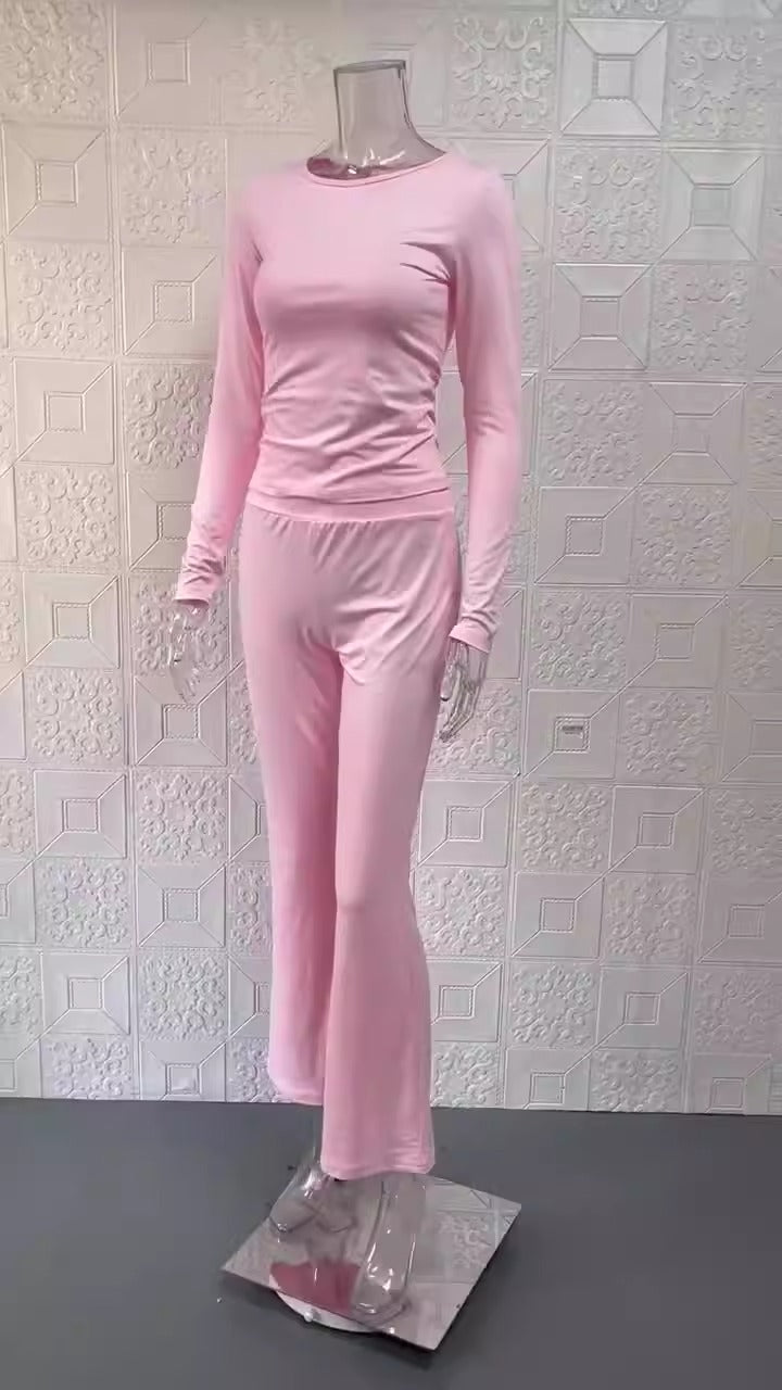 Featured image for 'Women's Solid Color Flare Pants Set Stylish Low-Waist Slimming Outfit for a Trendy Look'